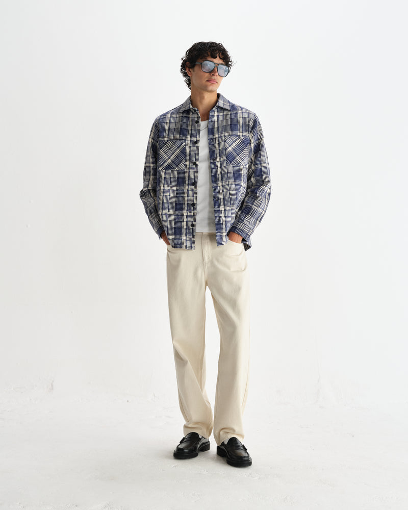 wax london men's Whiting - Blue And Ecru Basket Weave Overshirt