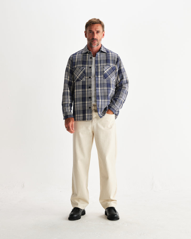 wax london men's Whiting - Blue And Ecru Basket Weave Overshirt