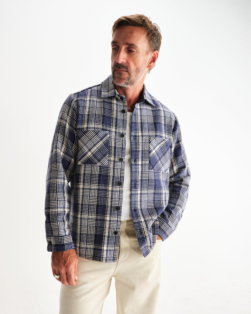wax london men's Whiting - Blue And Ecru Basket Weave Overshirt