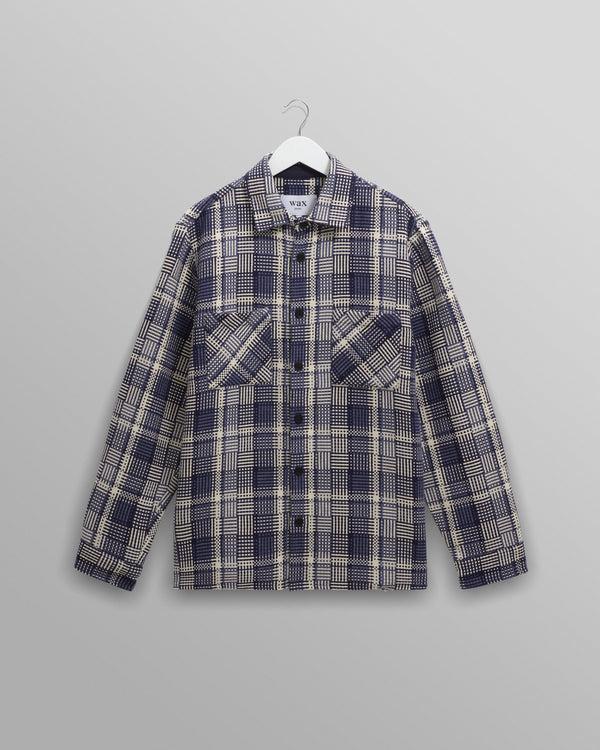 wax london men's Whiting - Blue And Ecru Basket Weave Overshirt