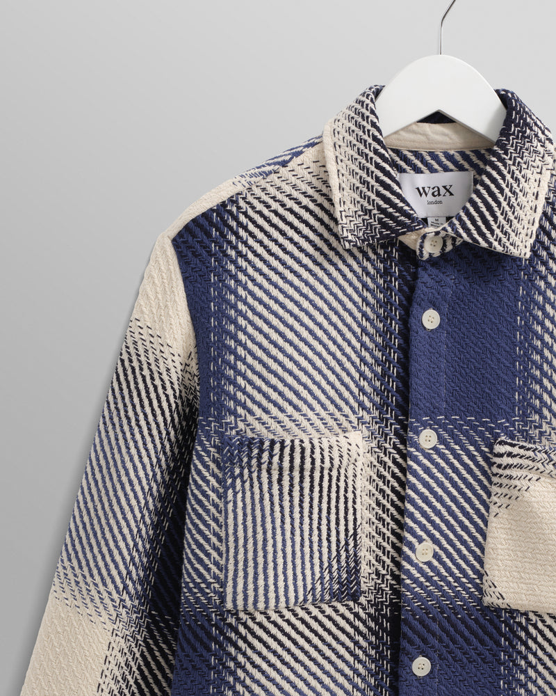 wax london men's Whiting - Blue And Ecru Shadow Check Overshirt
