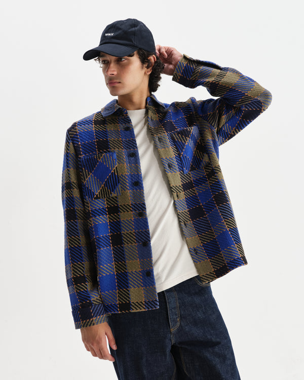 wax london men's Whiting - Blue And Khaki Pike Check Overshirt
