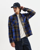 wax london men's Whiting - Blue And Khaki Pike Check Overshirt