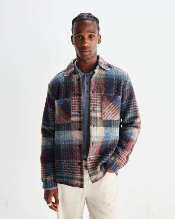 wax london men's Whiting - Blue And Multicolour Wool Check Overshirt