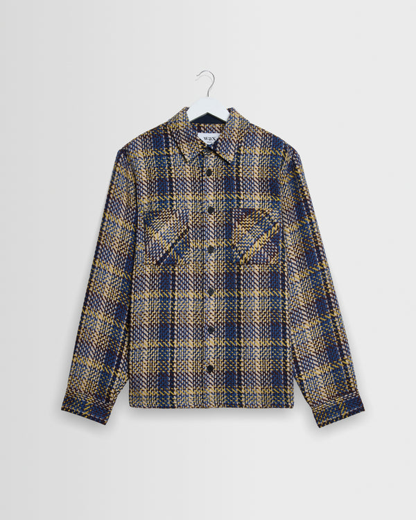 wax london men's Whiting - Blue And Multicolour Grain Check Overshirt