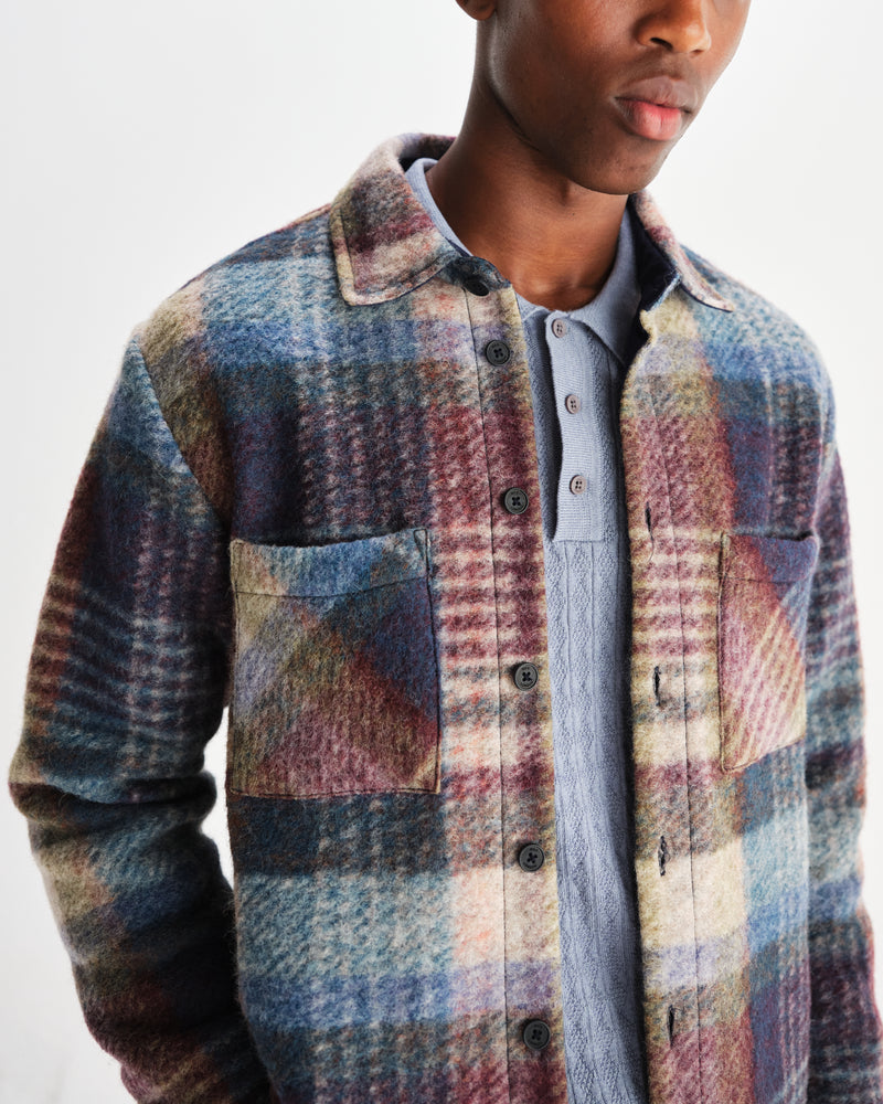 wax london men's Whiting - Blue And Multicolour Wool Check Overshirt