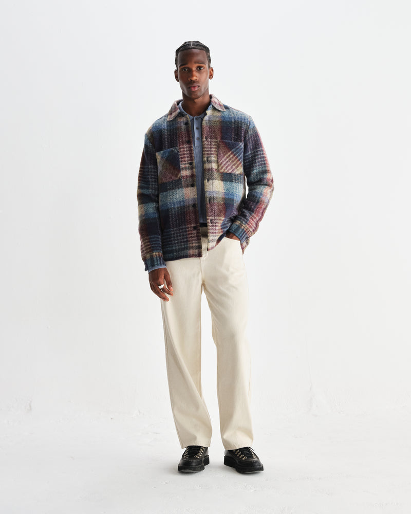 wax london men's Whiting - Blue And Multicolour Wool Check Overshirt