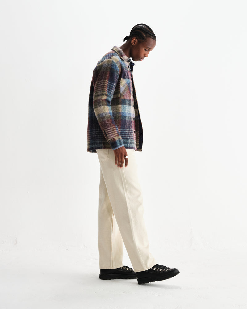 wax london men's Whiting - Blue And Multicolour Wool Check Overshirt