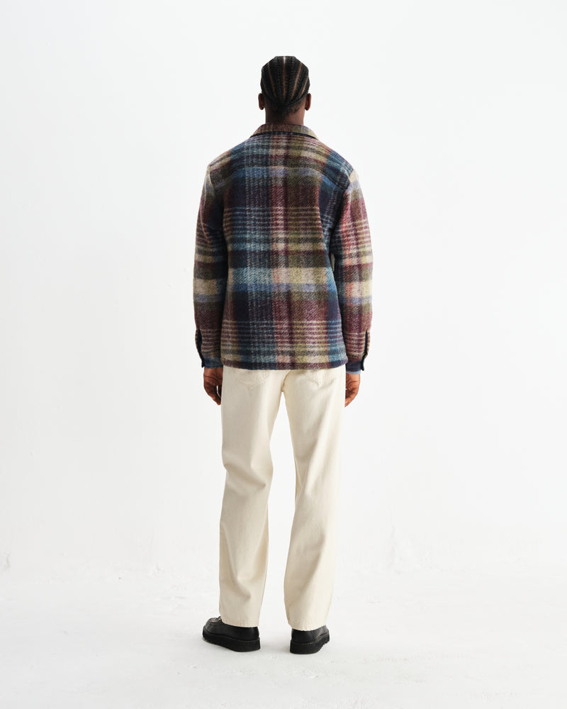 wax london men's Whiting - Blue And Multicolour Wool Check Overshirt