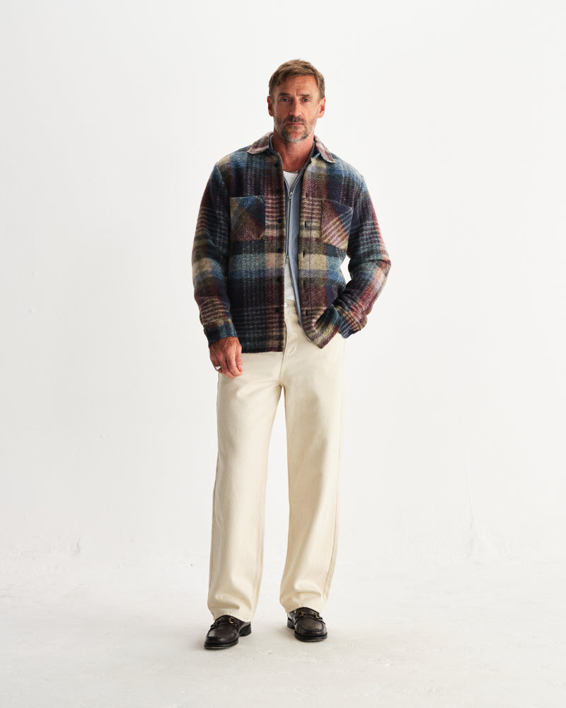 wax london men's Whiting - Blue And Multicolour Wool Check Overshirt