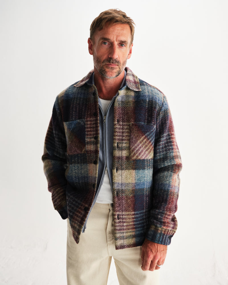 wax london men's Whiting - Blue And Multicolour Wool Check Overshirt