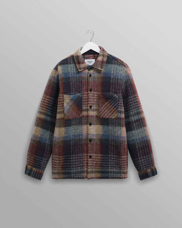 wax london men's Whiting - Blue And Multicolour Wool Check Overshirt
