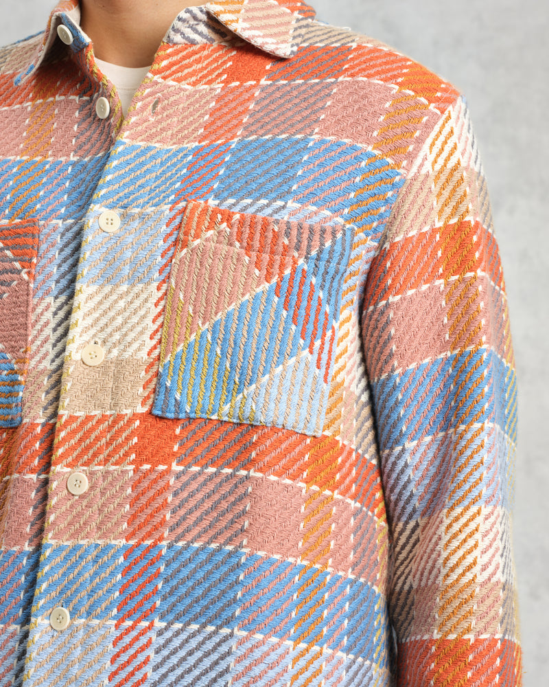 wax london Whiting - Coral And Pale Blue Pike Check Overshirt