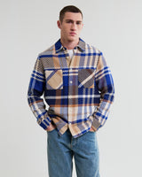 wax london men's Whiting - Blue And Tan Bold Check Overshirt