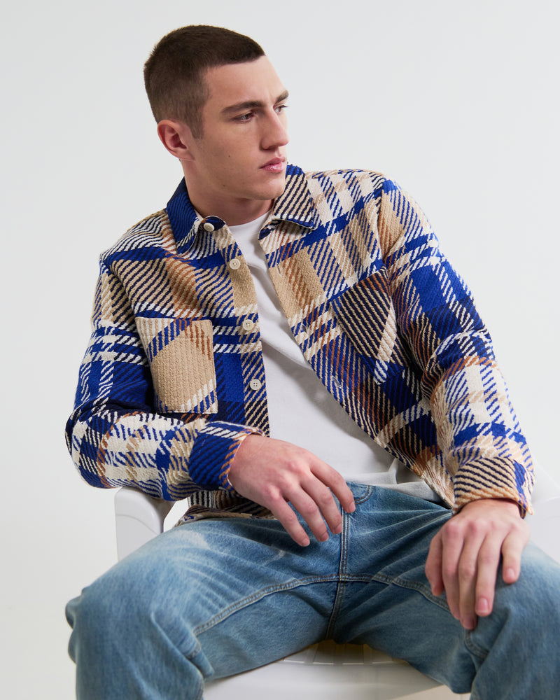 Men's Blue And Tan Bold Check Overshirt | Wax London