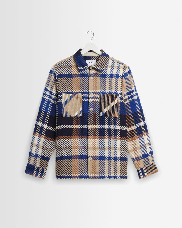 wax london men's Whiting - Blue And Tan Bold Check Overshirt