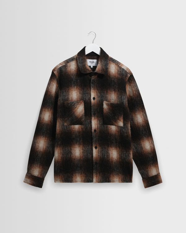 wax london men's Whiting - Brown And Black Elm Wool Blend Check Overshirt