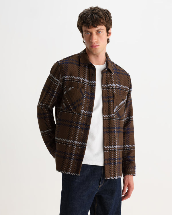 wax london men's Whiting - Brown And Blue Moon Check Overshirt