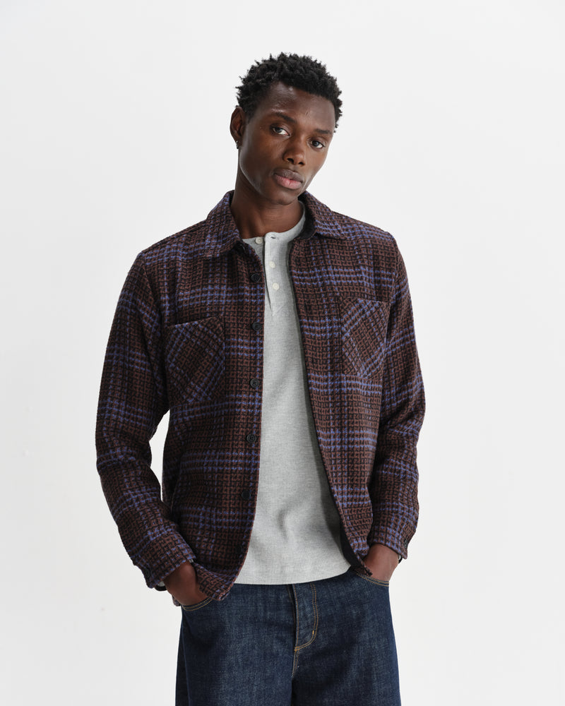 wax london men's Whiting - Brown And Blue Skate Check Overshirt