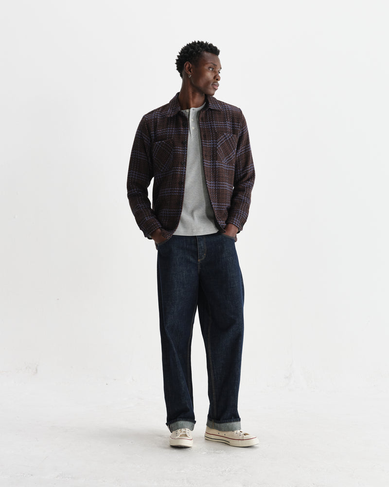 wax london men's Whiting - Brown And Blue Skate Check Overshirt