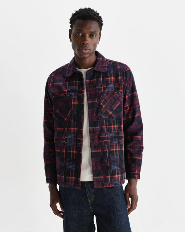 wax london men's Whiting - Burgundy And Multicolour Glitch Check Overshirt