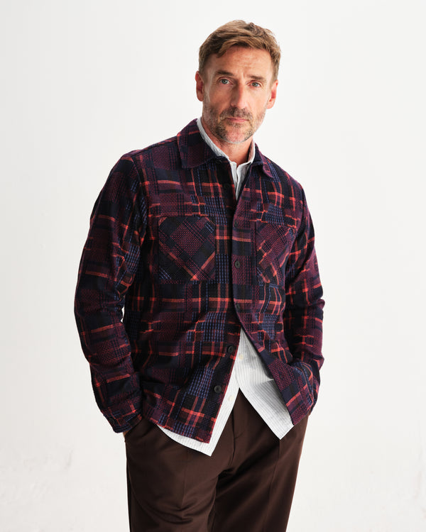 wax london men's Whiting - Burgundy And Multicolour Glitch Check Overshirt
