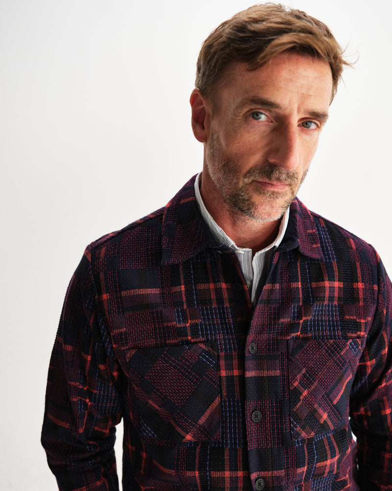 wax london men's Whiting - Burgundy And Multicolour Glitch Check Overshirt