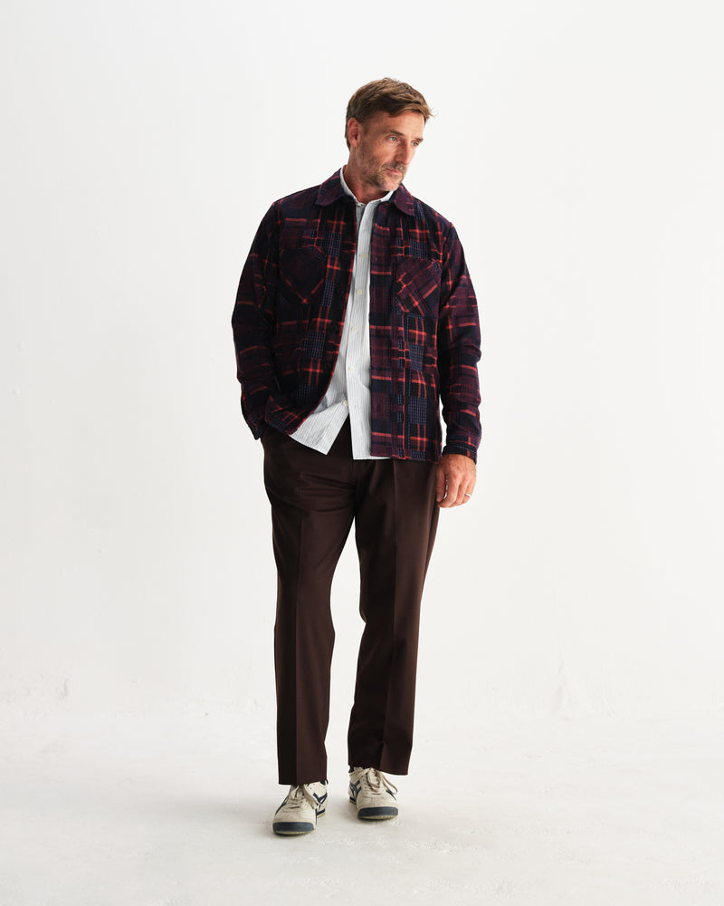 wax london men's Whiting - Burgundy And Multicolour Glitch Check Overshirt