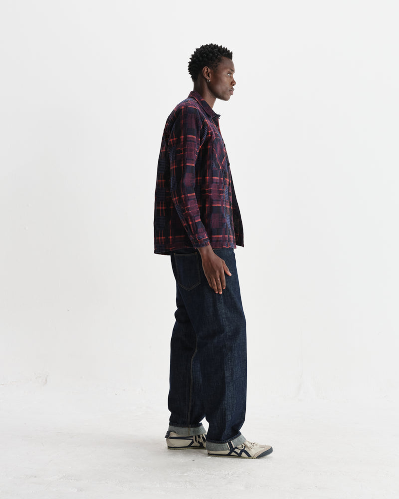 wax london men's Whiting - Burgundy And Multicolour Glitch Check Overshirt