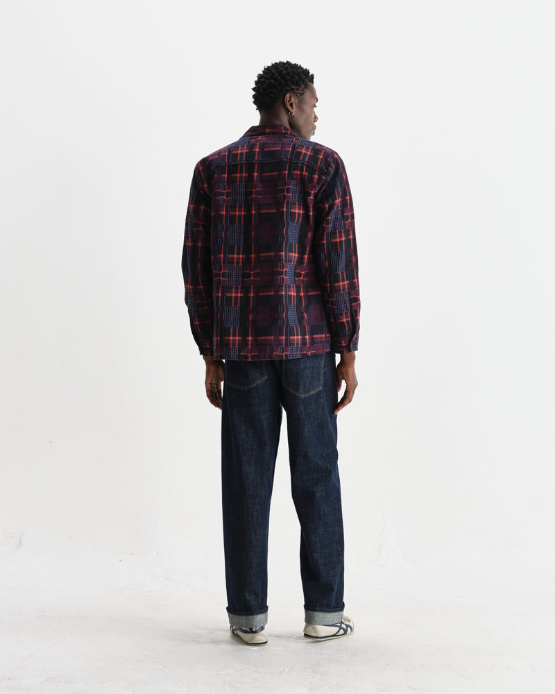 wax london men's Whiting - Burgundy And Multicolour Glitch Check Overshirt