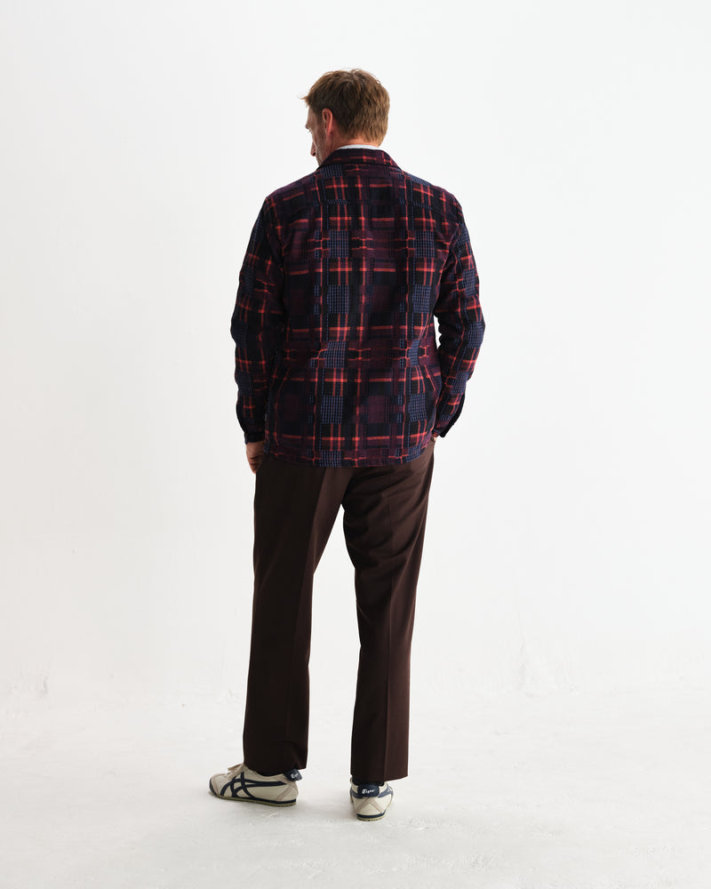 wax london men's Whiting - Burgundy And Multicolour Glitch Check Overshirt