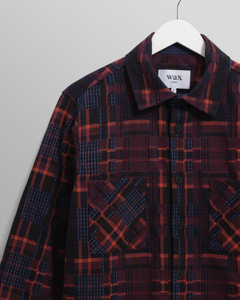 wax london men's Whiting - Burgundy And Multicolour Glitch Check Overshirt