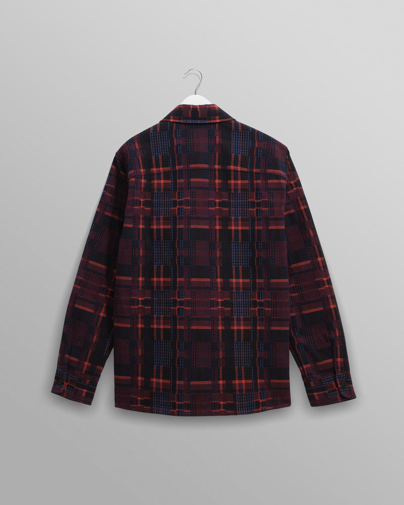 wax london men's Whiting - Burgundy And Multicolour Glitch Check Overshirt