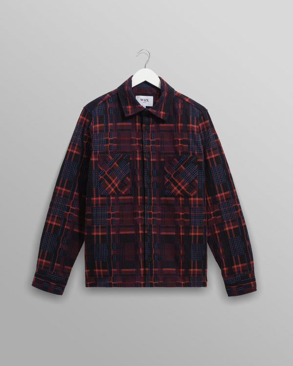 wax london men's Whiting - Burgundy And Multicolour Glitch Check Overshirt