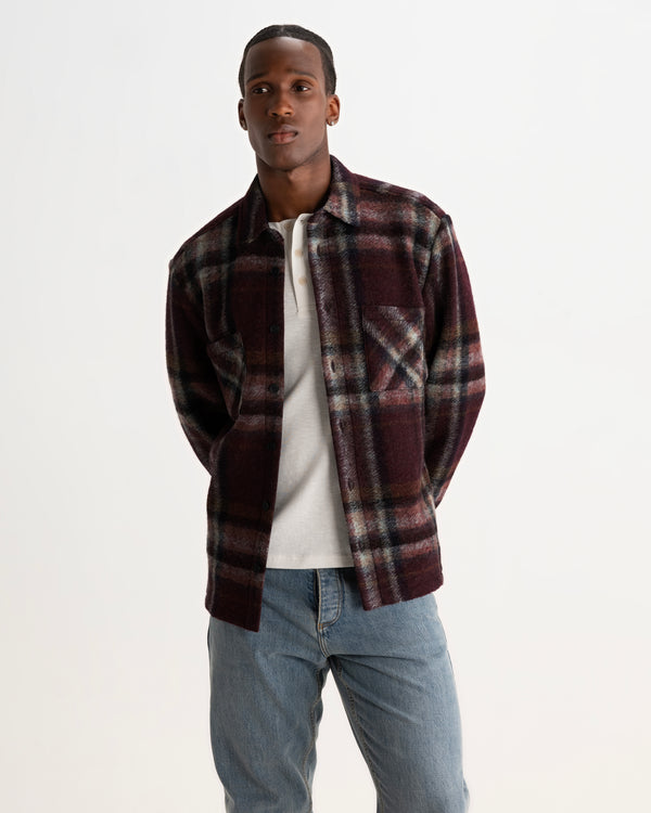 wax london men's Whiting - Burgundy And Multicolour Lex Wool Blend Check Overshirt