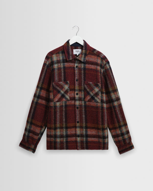 wax london men's Whiting - Burgundy And Multicolour Lex Wool Blend Check Overshirt