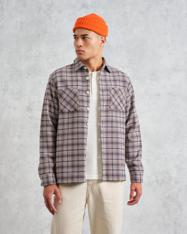 wax london men's Whiting - Ecru And Blue Basket Check Overshirt