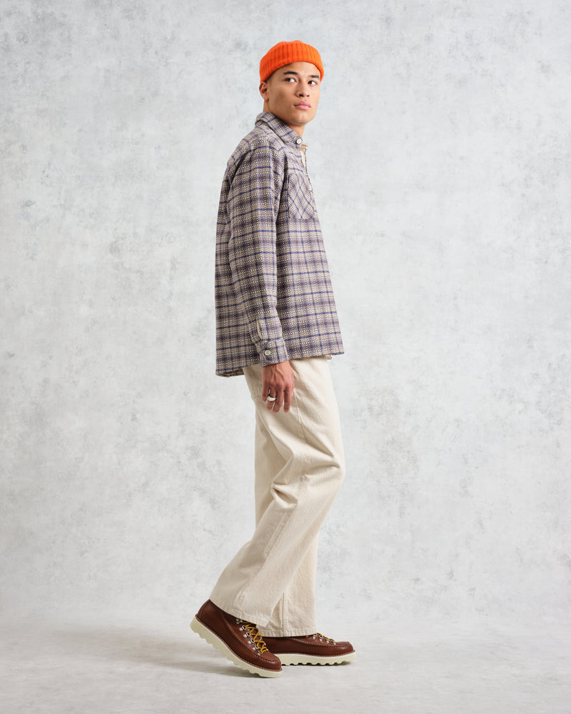 wax london Whiting - Ecru And Blue Basket Check Overshirt