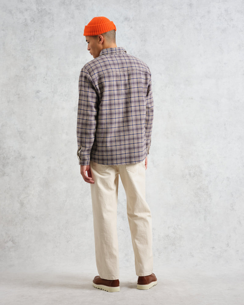 wax london Whiting - Ecru And Blue Basket Check Overshirt