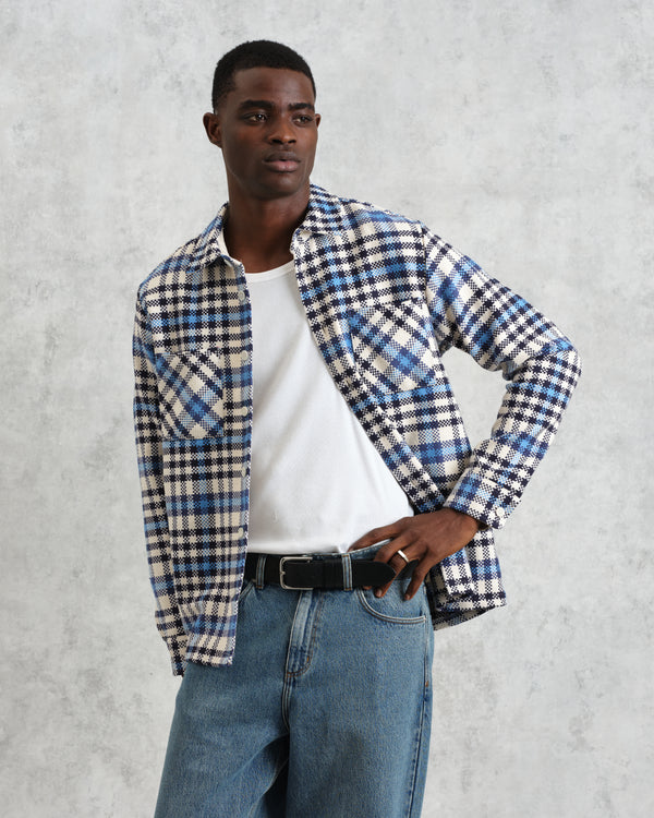 wax london men's Whiting - Ecru And Blue Strand Check Overshirt