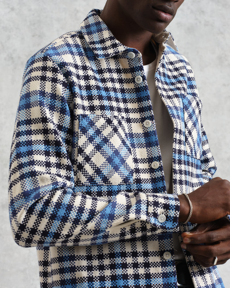wax london Whiting - Ecru And Blue Strand Check Overshirt