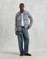 wax london Whiting - Ecru And Blue Strand Check Overshirt