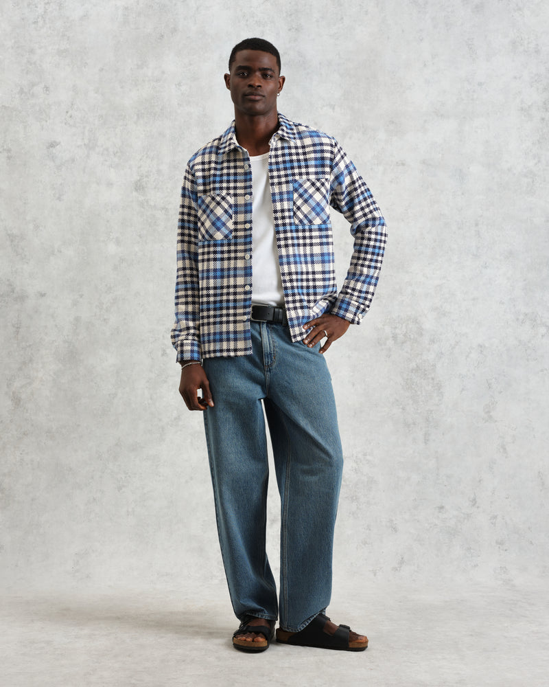 wax london Whiting - Ecru And Blue Strand Check Overshirt