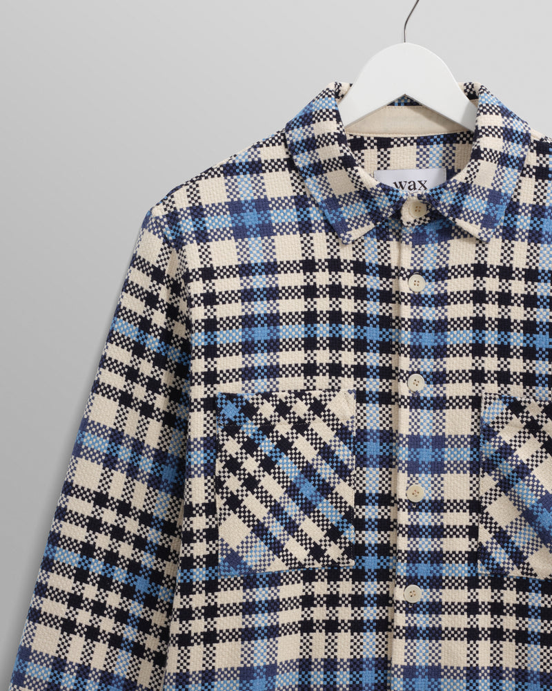 wax london Whiting - Ecru And Blue Strand Check Overshirt