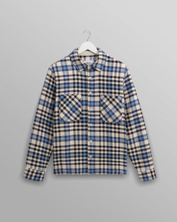 wax london men's Whiting - Ecru And Blue Strand Check Overshirt
