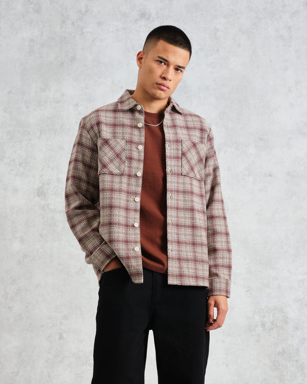 wax london Whiting - Ecru And Burgundy Basket Check Overshirt