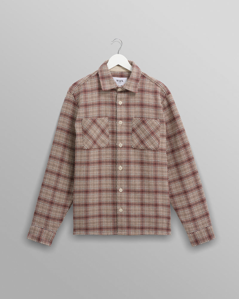 wax london Whiting - Ecru And Burgundy Basket Check Overshirt