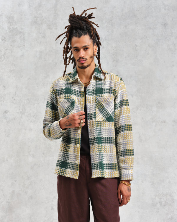 wax london men's Whiting - Ecru And Green Addle Check Overshirt