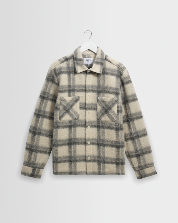 wax london men's Whiting - Ecru And Grey Check Wool Blend Overshirt