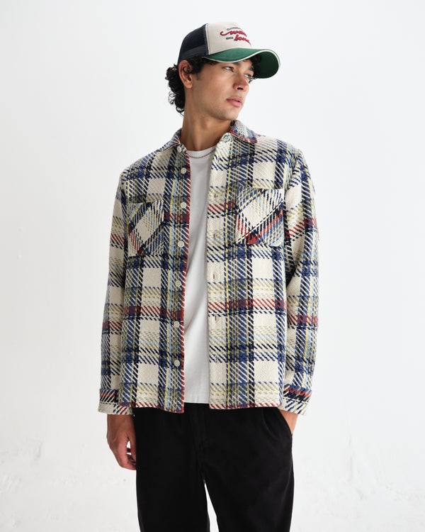 wax london men's Whiting - Ecru And Multicolour Jazz Weave Overshirt